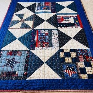37”x47” Handmade Cotton Quilt, Patriotic-Themed Patchwork Piece.